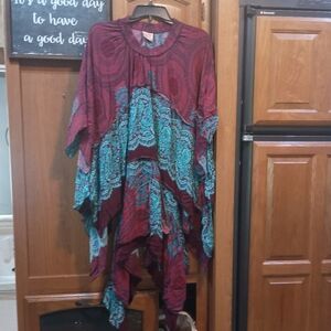 Gypsy Rose Bohemian Red and Teal Poncho Style Top Tiered / Ruffles One Size